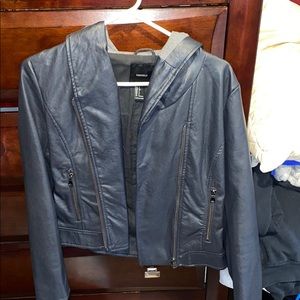 Dark blue leather jacket with hood